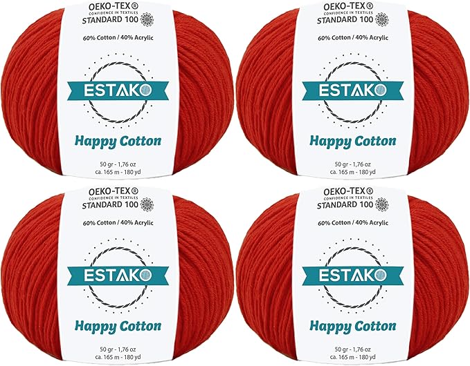 Estako Happy Cotton, (4 Skeins Pack) 60% Cotton 40% Acrylic Yarn, Soft, Fine/Sport (2) for Crochet and Knitting (4 x 1.76 Oz) / (4 x 180 Yrds) (4510 - Red)