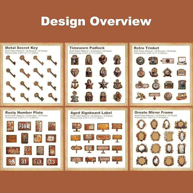 Vintage Kraft Paper Sticker Set, 96PCS Retro Scrapbook Supplies for Journaling and Crafts, Includes Keys, Padlocks, Signs, Labels, Frames, Number Plates