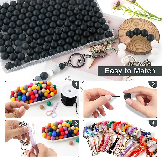 150Pcs 15mm Silicone Beads for Keychain Making Bracelet Necklace, Bulk Round Silicone Beads for Pens（Black）