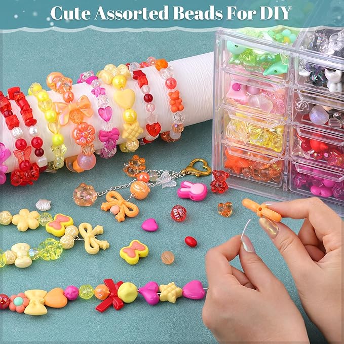 210-270PCS TINKRSTUFF Assorted Acrylic Beads, 4 Colors Mixed Cute Beads for Bracelet Making, Bow Flower GummyBear Kawaii Charms, Aesthetic Bead for Necklace Keychain Jewelry Making DIY Phone Charm