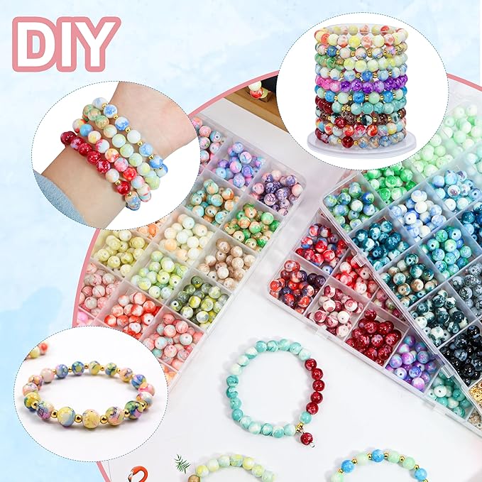 70 Colors 8mm Round Glass Beads for Jewelry Making, 1600Pcs Baking Paint Bead Bracelet Making Kit, with Gold Spacer Beads and Charms Beads Set, DIY Crafts Gifts for Women Men