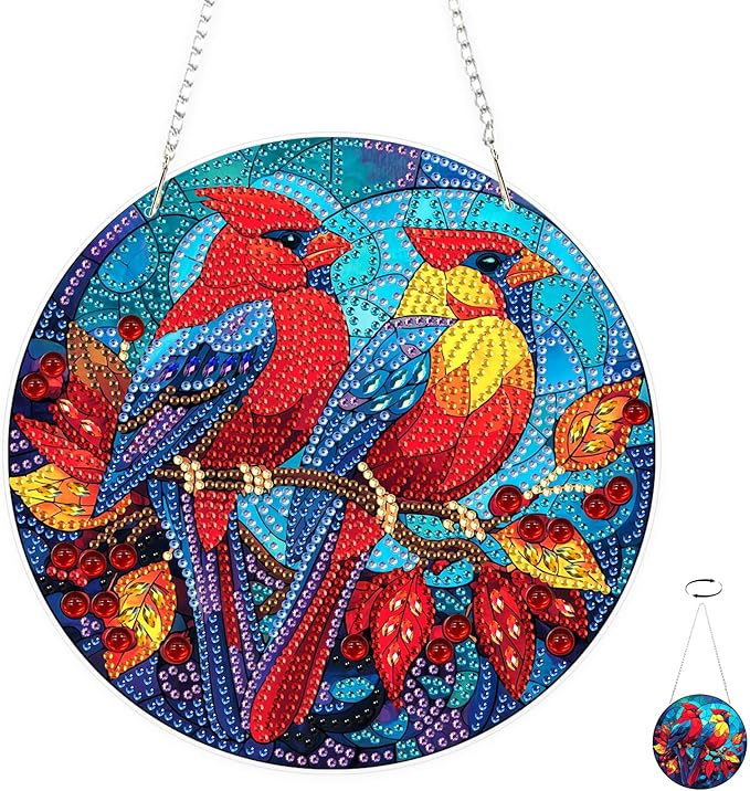 TOSTOG Diamond Art Hanging Kits for Adults, DIY Cardinal Diamond Painting for Adults Window Pendant, Special Shape Diamonds Cardinal Diamond Painting Hanging Pendant Kit for Wall Decor Gift