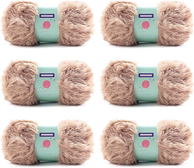 6 Skeins Faux Fur Yarn Soft Fluffy for Crocheting - Chunky Fuzzy Yarn for Crochet Amigurumi, Hat, Shawls, Total Length (71x6) Yards (Khaki)