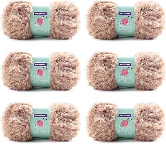 6 Skeins Faux Fur Yarn Soft Fluffy for Crocheting - Chunky Fuzzy Yarn for Crochet Amigurumi, Hat, Shawls, Total Length (71x6) Yards (Khaki)