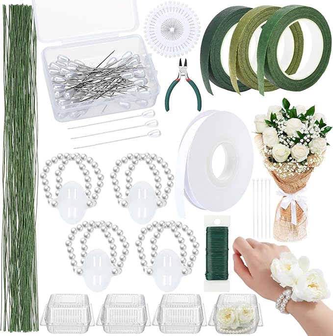 Hoemwarm Wrist Corsage Making Kit Floral Arrangement Supplies DIY Boutonniere Bouquet Craft Set Includes Floral Tape Wire Cutters Pearl Bands Plastic Boxes Ribbon Pins