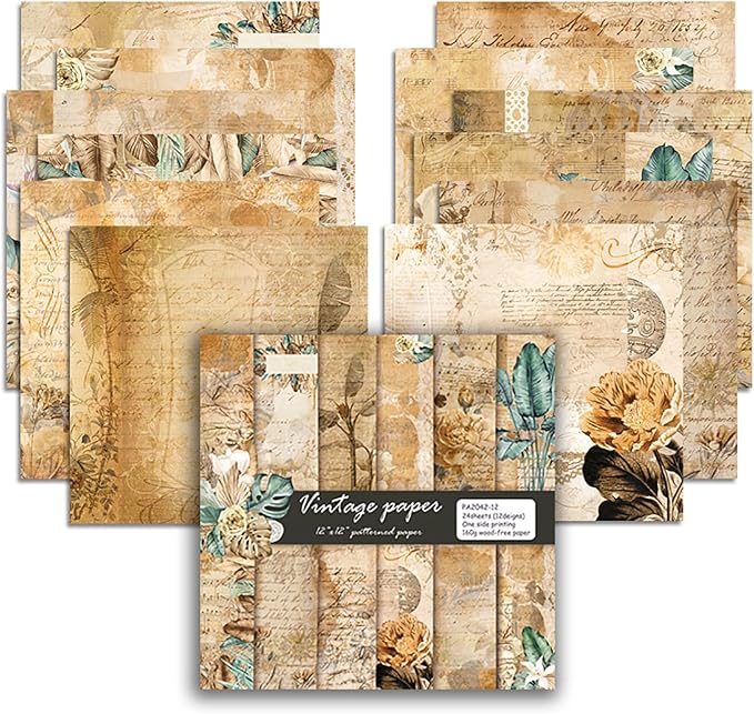 YASMEN Vintage Scrapbook Paper Pad, 12x12 Single-Sided Cardstock Paper Pads for Card Making, Journals, Planner, DIY Envelopes, Greeting Cards,Gift Card, Decorative Art Craft -24 Sheets