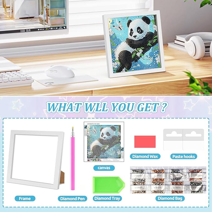 SENQAO Panda Diamond Art Kit for Adults with Frame Art and Crafts for Adults Ages 6-8 -10-12 Easy to DIY Diamond Art for Adults and Adult Beginners Home Wall Decoration 7.1x7.1inch