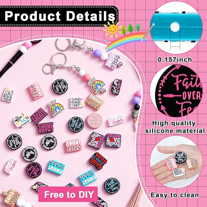 Zeyune 40 Pcs Silicone Focal Beads for Pens, Colorful Silicone Beads for Keychain Making DIY Graduation Gift Necklace Bracelet Jewelry Charms DIY Gifts for Friends Nurse Teacher(Inspirational Style)