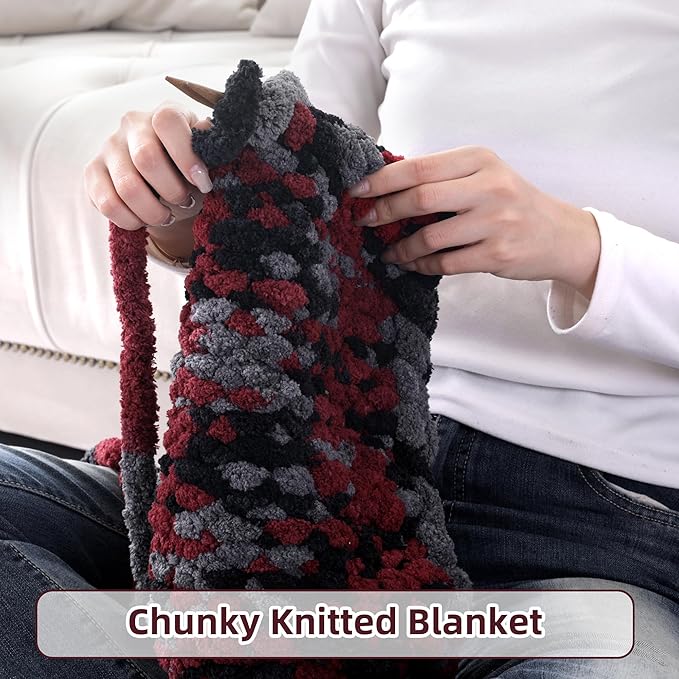 HOMBYS Chunky Tie Dye Mix Chenille Yarn for Hand Knitting, Super Bulky Jumbo Yarn for Crocheting, 3/4" Thick Soft Plush Yarn for Blankets, 8 Skein Pack (26 yds / 7.5 oz Each) Wine Red Black Grey