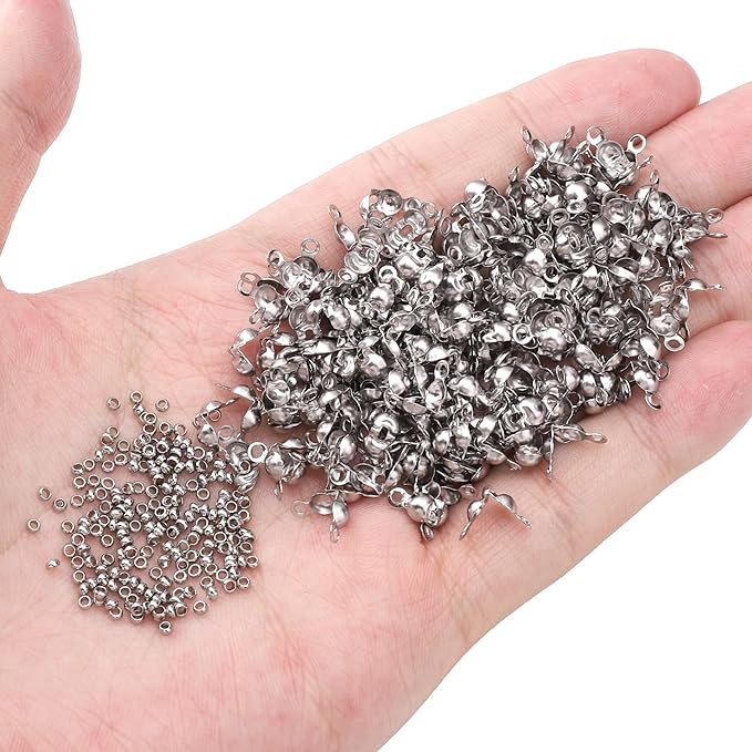 304 Stainless Steel Crimp Beads 2.0mm and End Caps 4x8mm Set 200pcs for Jewelry DIY Making and Repairing