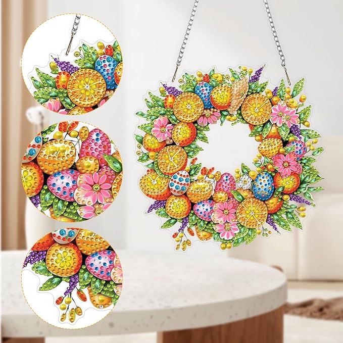 QENSPE Diamond Painting Art Hanging Kits for Adults, 5D Easter Eggs Special Shape Diamond Paingting Ornaments with Chain, DIY Flower Wreath Crystal Window Pendants for Home Wall Decor Gifts 8X8 inch
