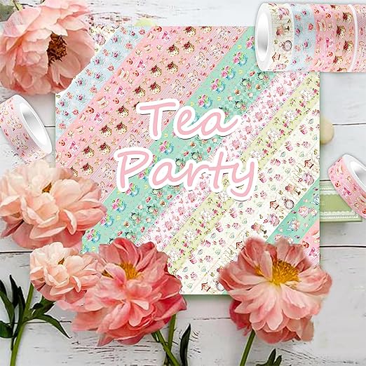 12 Rolls Tea Party Washi Tape, Afternoon Tea Decorative Tape for Scrapbooking Bullet Journals Planners, Party Decorations, DIY Crafts Gift Wrapping, 16.4FT