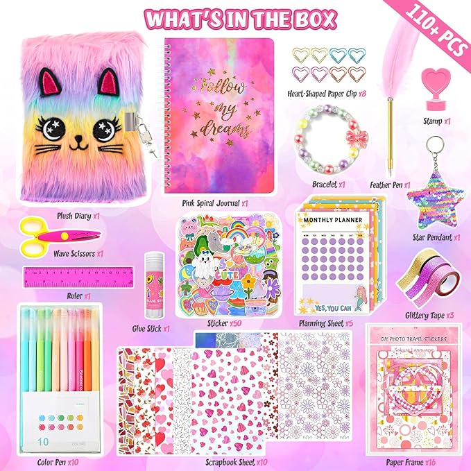 2-pack diy journal kit for girls ages 8-12 13 14 year olds, birthday gifts for teen girls, 110pcs cute scrapbook supplies stationary, journaling art crafts trendy stuff for kids, cat diary with lock