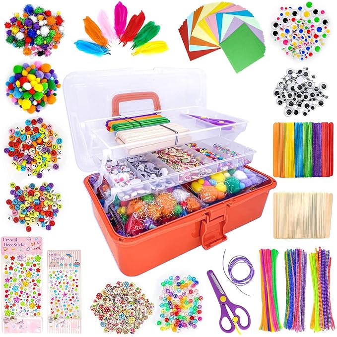 kortes Jumbo Art and Craft Supplies for Boys and Girls, Toddler DIY Craft Art Supply Set Included Pipe Cleaners, Pom Poms, Feather, Folding Storage Box - All in One for Craft DIY Art Supplies(Orange)