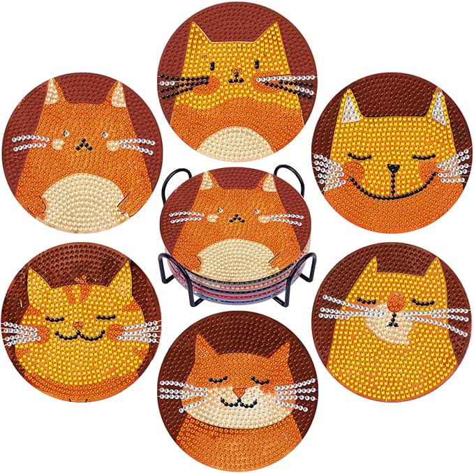 EWJRNSF 6 PCS Diamond Painting Coaster Set - Small Diamond Painting Coasters Kit for Beginners and Adults - Art Craft Supplies Item Cat