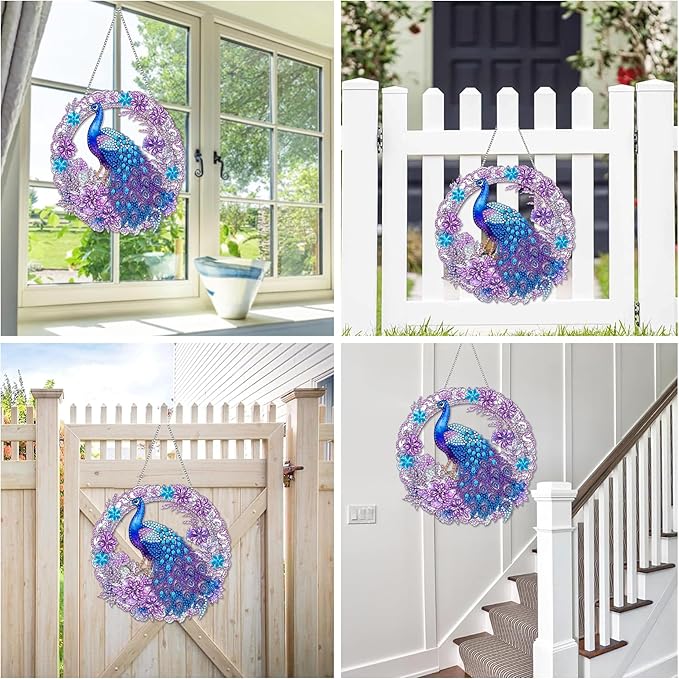 Reofrey Hanging Diamond Art Kits for Adults - 8x8Inch Peacock Animal Acrylic Board Double Sided Pattern Diamond Painting Suncatcher Pendant, Crystal Art for Home Wall Window Decoration Handmade Gift
