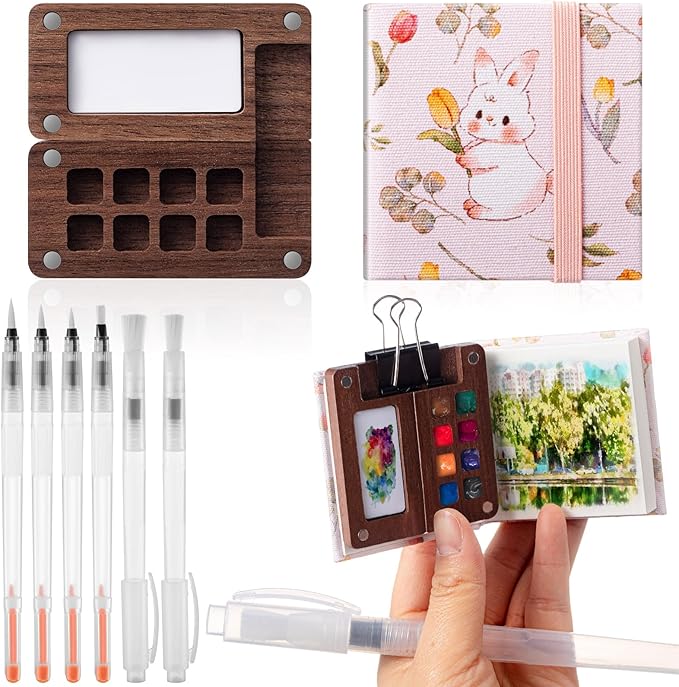 Qilery Mini Portable Watercolor Palette Set Wooden Grid Paint Box Watercolor Paper Sketch Book Brush Pens with Binder Clip for Painters Artist Not Include Paint(Rabbit)