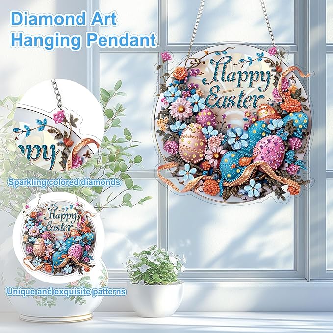 TOSTOG Easter Egg Plate Diamond Art Pendant Kits for Adult, Pink Diamond Painting Hanging Kit for Beginners, 5D DIY Crafts Gem Art, Waterproof Full Accessories for Home Decor Idea 20 * 20 cm/8 * 8 in