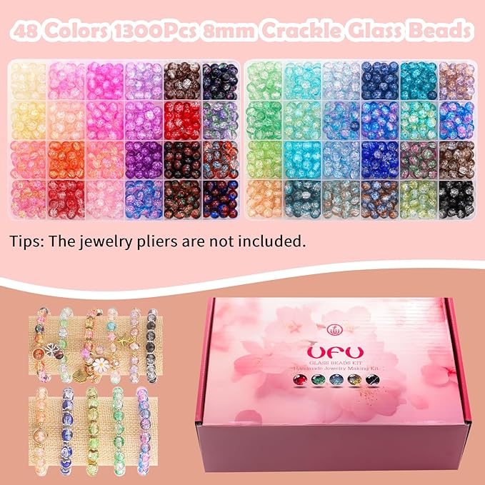 ufu 8mm glass beads for jewelry making, 1300+ pcs 48 colors crackle glass beads bracelet making kit, round crystal beads for bracelets necklace diy crafts gifts, without jewelry pliers