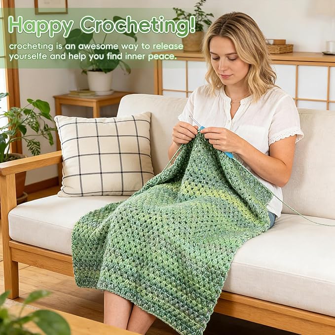 Aeelike Blanket Crochet Kit for Beginners, Super Easy Crochet Blanket Kit with Soft & Colorful Gradient Yarns Detailed Video Tutorials Crocheting Accessories, Moss Green Gradient & Ideal Gift
