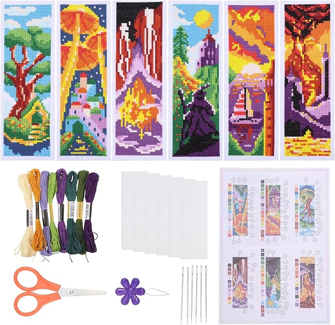 ORIGACH 6 Pcs Cross Stitch Bookmark Kit for Beginner Landscape Castle Stamped Embroidery Stitch Kits for Starter DIY Bookmarks Printed Cross Stitch Kits with 19 Colors Embroidery Floss