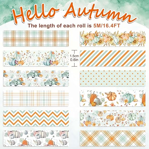 Whaline 12 Rolls Fall Washi Tape Autumn Pumpkin Plaid Truck Washi Tape Cyan Orange Harvest Decorative Masking Tape for Thanksgiving Scrapbook Journal DIY Art Craft Gift Wrapping Supplies