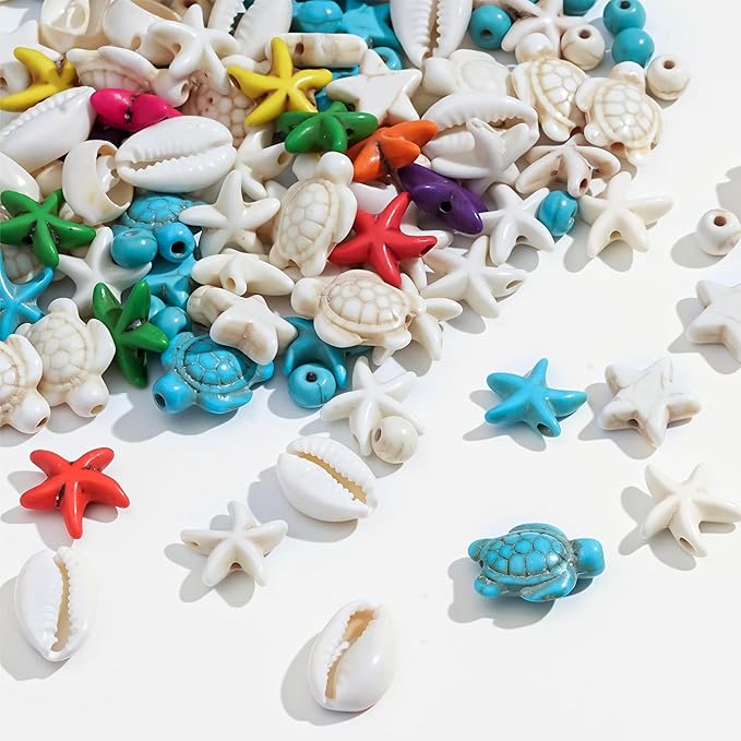 307Pcs Turquoise Sea Turtle Beads Blue and White Starfish Beads Tortoise Turtle Charms Summer Ocean Animal Spacer Bead for Jewelry Making DIY Bracelet Necklace(7 Strings)