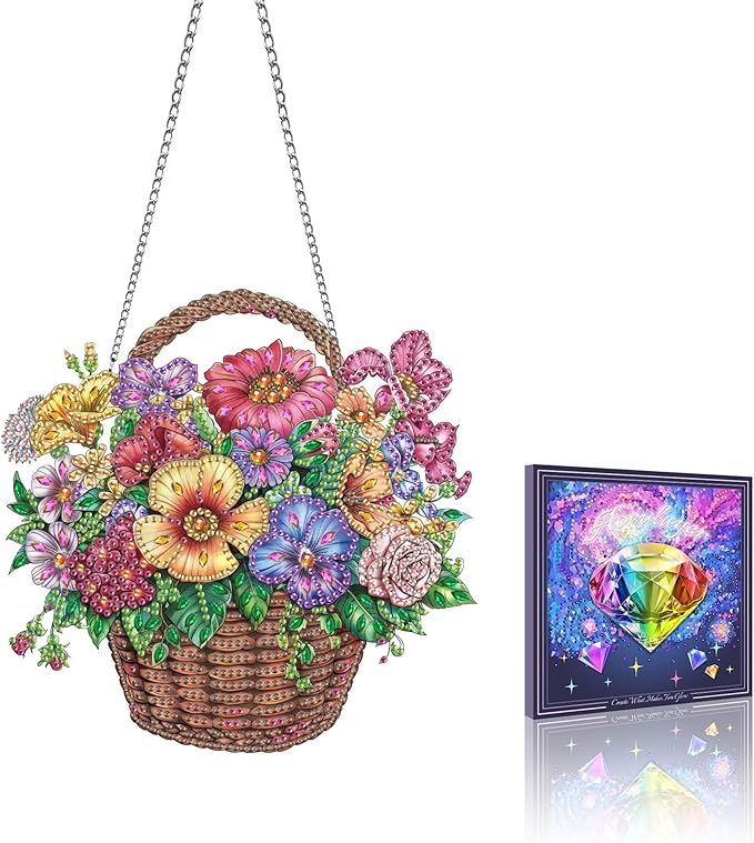 VAIIEYO Basket Diamond Art Hanging Ornament, Flower Diamond Painting Suncatchers Window Hanging Kit with Chain, 7.5x7.5 inch Crystal Pendant Art Craft for Gift Home Wall Front Door Decoration