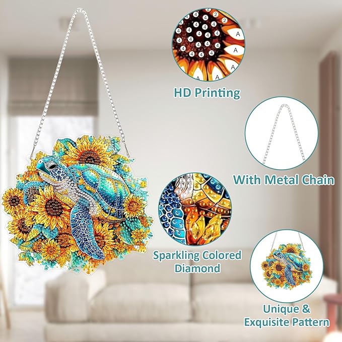 SENQAO Turtle Diamond Art Hanging Kit for Adult, Special Shaped Rhinestone, Double Sided DIY Acrylic Diamond Art Painting Window Pendants Home Garden Wall Hanging Kits Hanging Ornament (Sunflower)