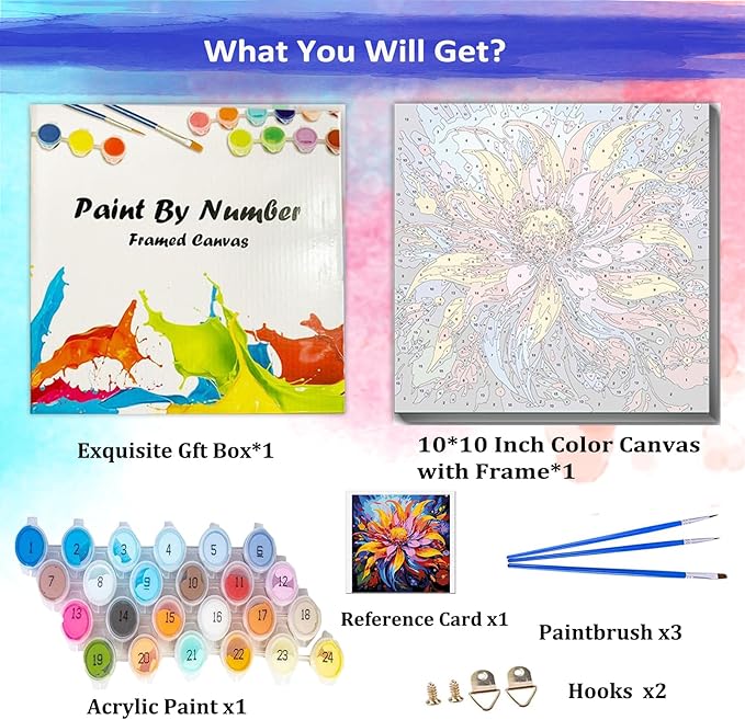 JUJUHOOD Abstract Flower Framed Paint by Numbers Kit for Adults Beginner & Kids Ages 8-12, Watercolor Paint by Number Without Easel, Acylic Paint by Numbers for Gift Home Wall Decor (10x10Inch)
