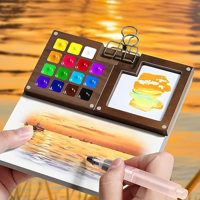 Mini Watercolor Travel Paint Set, Acrylic Painting Palette and Wooden Paint Box(15 Grids), 2 Sketchbooks, 2 Brush Pens and 24 Color Paints. Perfect for Artists, Students and Painters on The Go