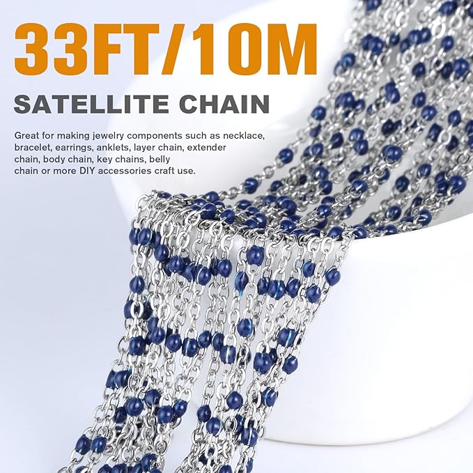 33 Feet Stainless Steel Enamel Chains Bulk, 2mm 304 Stainless Steel Navy Blue Enamel Beaded Cable Link Chain Roll Spool for Jewelry Making