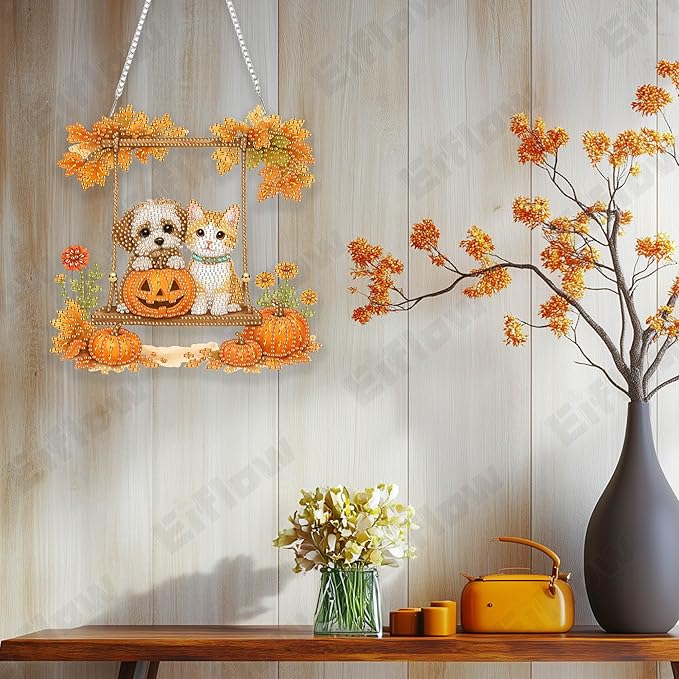 Eiflow Acrylic Diamond Art Hanging Kit for Adults Thanksgiving Fall, DIY Diamonds Painting Door Hanger Board Kit, Special Crystal Diamond Art Painting Pendant Ornament