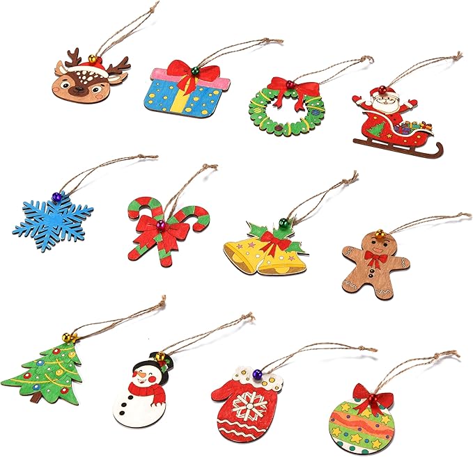 96 Pcs Wooden Christmas Ornaments Unfinished Wood Slices, Wooden Christmas Tree Hanging Ornaments for DIY Art Craft with 12 Styles, DIY Wood Crafts Hanging Decorations Kit