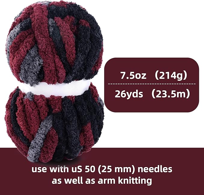 HOMBYS Chunky Tie Dye Mix Chenille Yarn for Hand Knitting, Super Bulky Jumbo Yarn for Crocheting, 3/4" Thick Soft Plush Yarn for Blankets, 8 Skein Pack (26 yds / 7.5 oz Each) Wine Red Black Grey