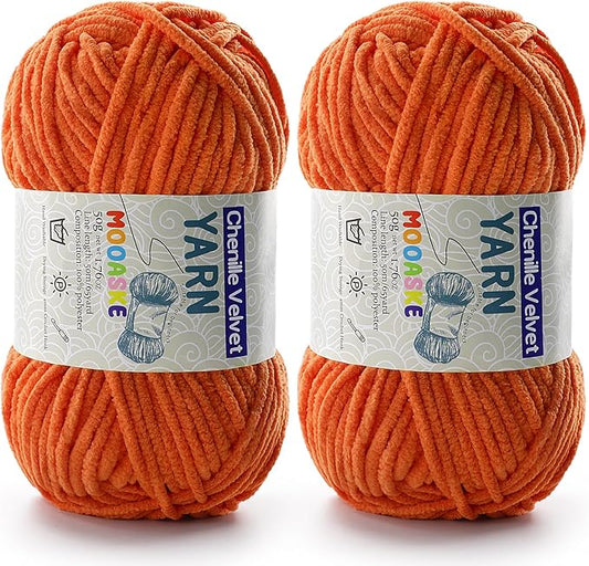2 Pac Chenille Yarn for Crocheting - Blanket Yarn for Crocheting - Fluffy Yarn for Crochet, Baby Yarn for Crocheting Soft Blankets Weight Per Roll 50g/1.76oz, Length 60m/65yard (Orange)