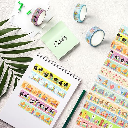 Cats Books Washi Tapes - 12pcs Cute Trendy Colored Aesthetic Stacking Book Decorative Cat Paw Artistic Photo Scrapbook Masking Sided Adhesive Tape Set Supplies DIY Craft Bookish Gift Wrapping