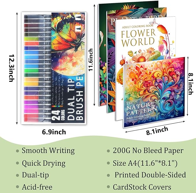 Adult Coloring Book for Adults Relaxation, Stress Relief Coloring Book with 24 Dual Tip Markers, Relaxing Gifts for Women with 128 Patterns Include Animals Flowers Plant Birds Nature Style (4 Pack)