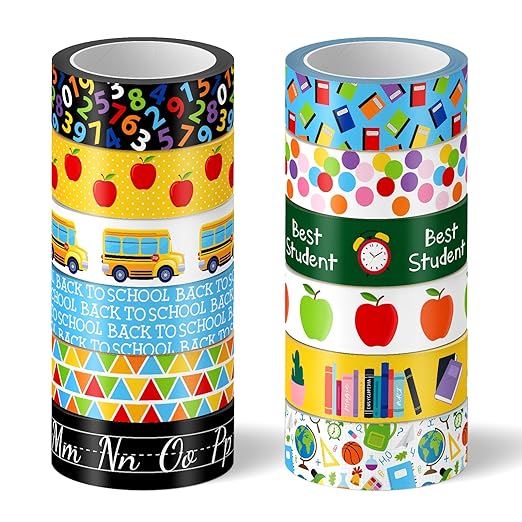 Whaline 12 Rolls Back to School Washi Tape First Day of School Colorful Washi Masking Tape Apples Book School Bus Decorative Paper Adhesive Stickers for Scrapbook Gift Wrapping DIY Art Crafts, 16.4Ft