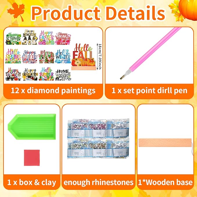 Chunful 13 Pcs Interchangeable Seasonal Diamond Art Tabletop Seasonal Holiday Diamond Art Painting Kit with Wooden Light Base for Table Tiered Tray Home Office Tabletop Centerpiece Decor