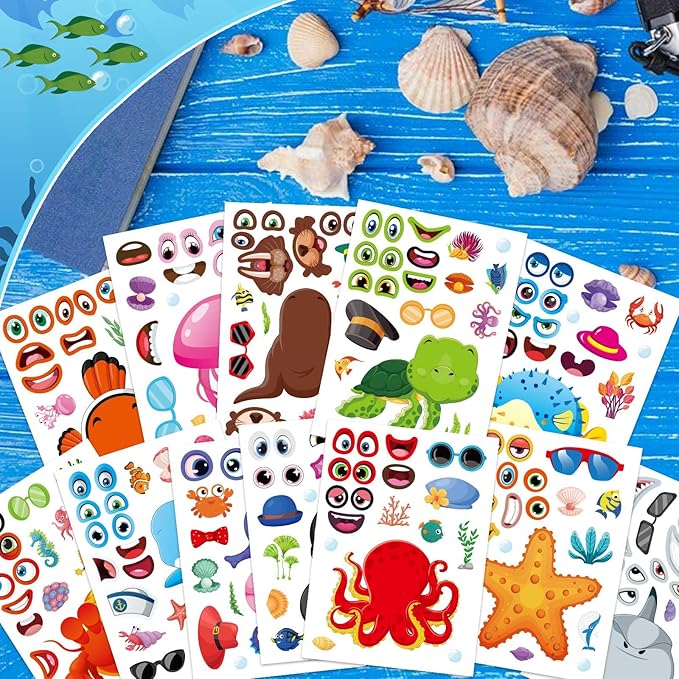 48 sheets ocean stickers for kids, make your own sea animal mix and match sticker sheets, make a face sticker, summer stickers for kids 3-5 birthday party favor, teacher reward