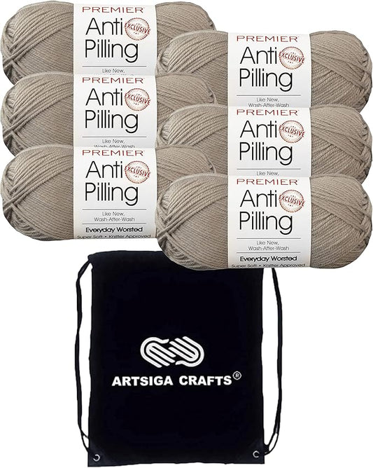 Premier Yarns Everyday Anti-Pilling Solid Chinchilla DN100-52 (6-Skeins - Same Dye Lot) #4 Worsted Weight Acrylic Yarn for Crocheting and Knitting with Project Bag