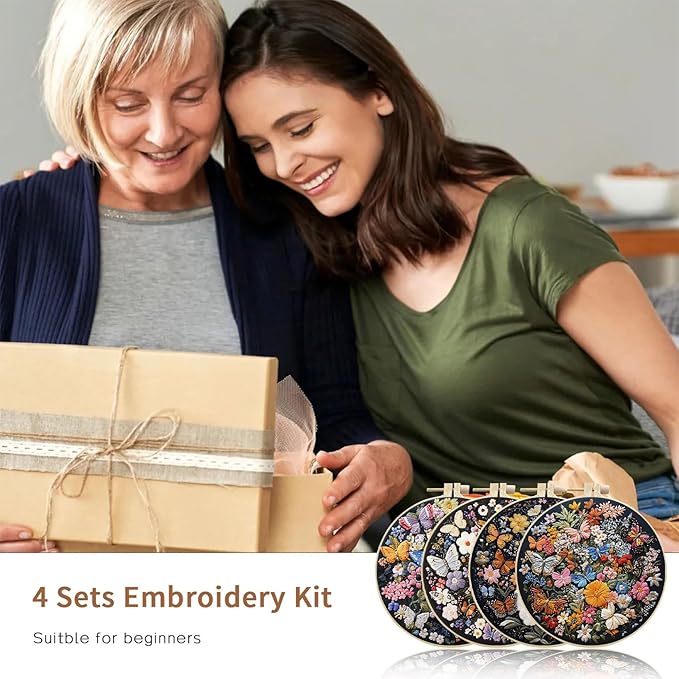 LB 4 Pack Colorful Floral Embroidery Kit for Beginners Nature Butterfly Beginner Embroidery Kit for Adults DIY Starter Kit with Embroidery Hoop Colorful Threads Tools Step by Step Instructions