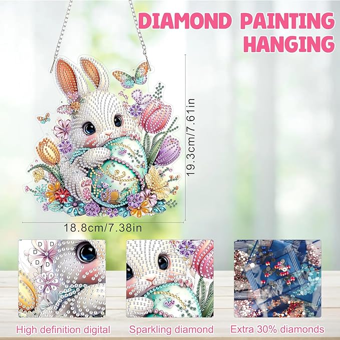 MAXBYE Easter White Rabbit with Eggs Hanging Diamond Art Painting Kits for Adults Beginners, DIY 5D Special Shaped Crystal Painting Diamond Kits Hanging Ornament for Gift Home Wall Door Decor 8×12Inch