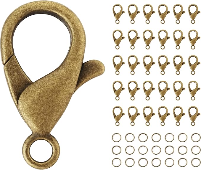 Mandala Crafts 35mm Antique Brass Metal Lobster Clasps for Jewelry Making - 25 Lobster Claw Clasps with Jump Rings Jewelry Findings Kit for Necklaces Bracelets Charms Fasteners