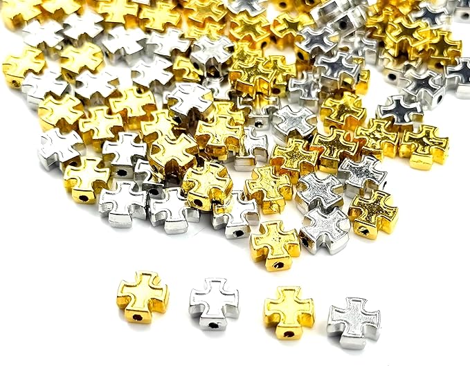100pcs 8mm Two-Color Cross Beads – Gold & Silver Zinc Catholic Religious Beads for Rosary, DIY Jewelry Making, Necklace, Bracelet, Craft Accessories