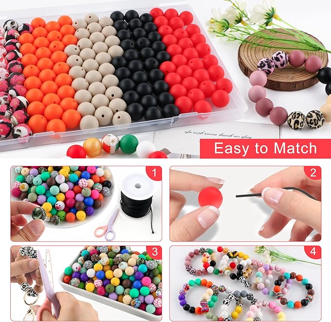 150Pcs Mixed Color 15mm Silicone Beads for Keychain Making, Red Orange Halloween Print Silicone Beads for Pens and Bracelet Jewelry Making