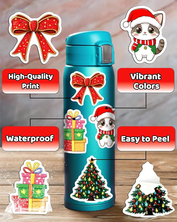100pcs christmas stickers, non-repeating vinyl waterproof holiday stickers, christmas party favors, stocking stuffers for kids toddlers teens boys girls, activities, gifts, toys, goodie bag stuffers