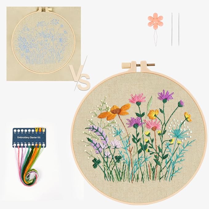 MAMUNU Embroidery Kit for Beginners Adults, Cross Stitch Kits, Stamped Cross Stitch Kits, Flower Embroidery Kit with Printed Embroidery Cloth, Embroidery Hoop, Color Threads and Tools