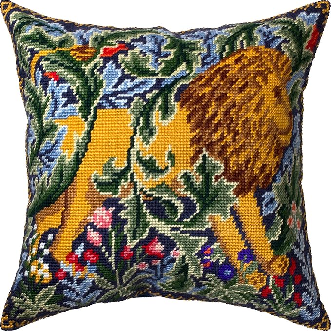 Brvsk Classic Embroidery Kit for Adults and Beginners — Lion by William Morris 16″ × 16″ with Clear, Precise Printed Design on Cotton Canvas; Includes 2 Needles, Yarn, and Easy-Read Chart